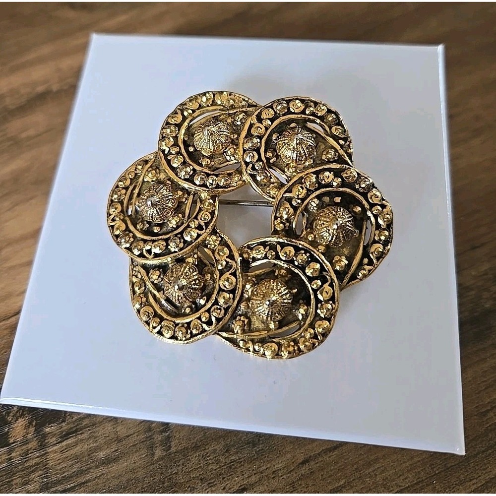 VTG Rice-Weiner Etrusceana Bronze Tone Floral Design Rhodium Plated Brooch/Pin
